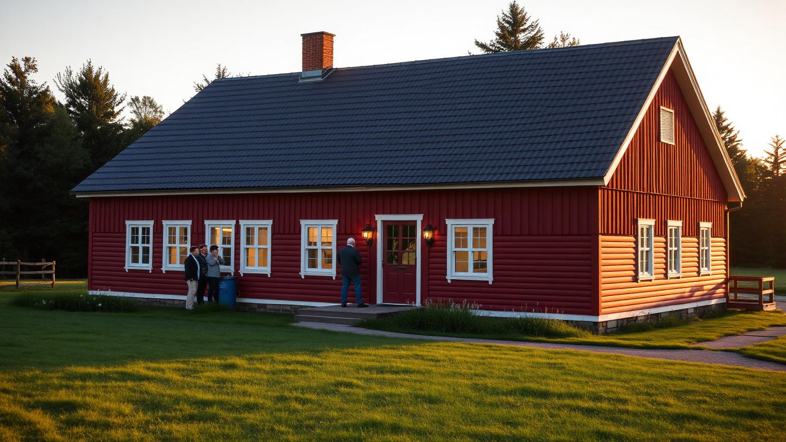 En klassisk röd samlingslokal i kvällsljus
